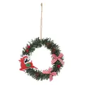 Mini corona de Navidad colgante decorada con un reno de fieltro rojo y lazos a cuadros - Estilo Alce