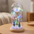 Rosa de galaxia encantada en cúpula de vidrio con luces LED y mini árboles de Navidad de madera - Cúpula de Plástico + Caja de Color / Dorado Galaxia + Luz Multicolor + Base de Madera