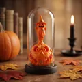 Spooky Halloween pumpkin and ghost decorative light inside a glass dome on wooden table - Pumpkin Man / Plastic Dome