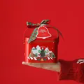 Festive red Christmas tinplate gift box with handle decorative green ribbon and bell tag - Square with Decoration / Red