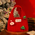 Handmade red knitted Christmas gift bag featuring Santa Claus and tree decorations - Santa Gift Style (2025SD) / Red (Santa Gift Style)