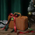 Vintage brown woven suitcase gift box decorated with festive red and green Christmas ribbons - Medium Rectangle (LH-531) / 26x17x11cm / Brown