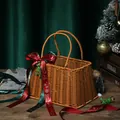 Woven Christmas gift basket with decorative red festive ribbon and double handles - Trapezoidal Handheld (LH-531) / 26.5x18x16cm / Brown