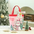 Sacchetto regalo di Natale in tela rosa con stampa di renne e nastro colorato festivo - Decorazione 1 (Fiocco e Campanello) / Renna di Natale Rosa (Decorazione Tipo 1)
