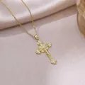 Elegant gold-plated titanium steel crucifix necklace featuring clear zircon stone accents. - Crucifix Cross Style / Gold (X3491)