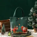 Festive dark green canvas Christmas gift bag featuring Santa and reindeer illustrations - Christmas Printed Canvas Tote Bag - Green / 11x15cm
