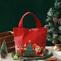 Red canvas Christmas gift bag featuring Santa and reindeer prints for holiday treats. - Christmas Printed Canvas Tote Bag - Red / 11x15cm