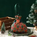 Festive red and green canvas Christmas gift bag with plush reindeer decor and handle. - Reindeer Plush Doll Drawstring Bag / 11x15cm