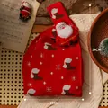 Bolsa de regalo de Navidad de punto rojo hecha a mano con Papá Noel 3D y copos de nieve - Bolsa de Punto Calcetín de Navidad Roja