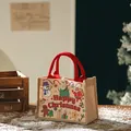 Festliche Weihnachtsgeschenk-Tragetasche mit Weihnachtsmann- und Schneemann-Druck - Weihnachts-Leinenbeutel - Klein Rot