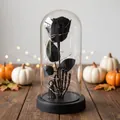 Cúpula de cristal con rosa negra de Halloween, mano de esqueleto y decoración LED - Rosa Negra & Rey Fantasma & Mano de Esqueleto / Cúpula de plástico