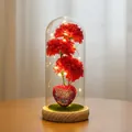 Clavel rojo artificial en cúpula de cristal con luces LED cálidas y base de madera - Estilo Base Madera Hierba Corazón Rojo / Cúpula de plástico / Rojo