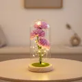 Elegante rosa Seifennelken im Glasdom mit warmen LED-Lichtern für Muttertag - Lila Gras Holzbasis Stil