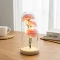 Künstliche rosa Nelken Seifenblumen in einer Glaskuppel mit warmen LED-Lichtern - Rosa Holzbasis Stil