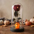 Rosa eterna de Halloween en cúpula de vidrio con decoración LED de fantasma y araña - Rosa Roja + Calabaza