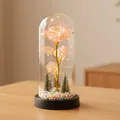 Rosa luminosa iridiscente en cúpula de cristal con luces led y pequeños árboles de Navidad - Cúpula de Plástico + Caja de Color / Rosa con luz cálida y base negra