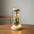 Mini árbol de Navidad iluminado en cúpula de vidrio con base de madera y luces LED - Copo de Nieve/Lazo (Base de Madera Natural) / Cúpula de plástico / Blanco cálido