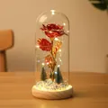 Elegante rosa roja artificial en cúpula de vidrio con luces LED en base de madera regalo - Cúpula de Plástico + Caja de Color / Rojo + Luz Multicolor + Base de Madera