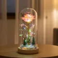 Rosa de galaxia encantada y mini árboles de Navidad en cúpula de vidrio con luces LED cálidas - Cúpula de Plástico + Caja de Color / Rosa + Luz Multicolor + Base de Madera