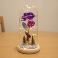 Rosa galaxia púrpura en cúpula de vidrio con luces LED y mini árboles de pino. - Cúpula de Plástico + Caja de Color / Púrpura + Luz Cálida + Base de Madera
