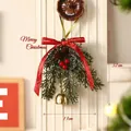 Decorazione natalizia da appendere con fiocco rosso campanella dorata e pigne - Ciondolo Doppia Campana Ramo di Cedro / 32cmx13cm