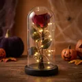 Rosa eterna de Halloween en cúpula de vidrio con figura de parca y luces LED cálidas - Rosa Roja & Rey Fantasma