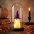 Glowing Halloween ghost night light with purple witch hat in clear glass dome deco - Plastic Dome / White Ghost With Purple Hat