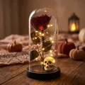 Rosa preservada de Halloween en cúpula de cristal con calavera y luces LED de hadas - Rosa Roja & Calavera