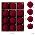 Burgundy flocked 8cm Christmas balls set of 12 with four unique textures in box - 8cm Burgundy Flocked Ornaments Type A (12 Pcs) / Set of 12