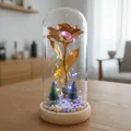 Rosa dorada en cúpula de vidrio con luces LED y mini árboles de Navidad regalo ideal - Cúpula de Plástico + Caja de Color / Dorado + Luz Multicolor + Base de Madera