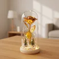Rosa dorada y mini árbol en cúpula de vidrio con luces LED sobre base de madera real - Cúpula de Plástico + Caja de Color / Dorado + Luz Cálida + Base de Madera