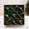 Juego de 9 bolas de Navidad verdes flocadas y galvanizadas de lujo en caja - Estilo de Pedrería Semiflocada / 9 Piezas/Paquete / Verde Oscuro