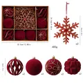 Set of burgundy velvet Christmas ornaments with large snowflake and diverse textured balls - 9 Pcs Pack / Red Snowflake Set