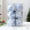 Set of 6 blue and white floral toile fabric Christmas ball ornaments in a clear plastic gift box - 8cm 6 Pieces / Sky Blue Printed