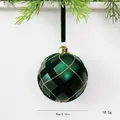Green flocked plaid Christmas ball ornament with gold glitter, 8cm diameter, matte finish. - Spherical Style / 1 Piece / Dark Green