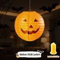 Medium 25cm Halloween pumpkin paper lantern with LED light column - Hanging 10" Halloween Lanterns with LED Lights