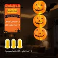 Set of 3 Halloween pumpkin paper lanterns with LED light poles for indoor decor - Hanging String of 3 8" Lanterns with LED Lights