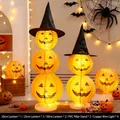 Stacked Halloween pumpkin lanterns with witch hats and LED stand decor - Lantern Ornaments Set A (2 Groups) with Copper Wire Lights
