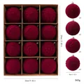 Burgundy flocked Christmas balls 8cm 12-pack set with dimensions and weight display. - 12 Pcs Wine Red Flocked Ornaments, 8cm, Style D / Set of 12