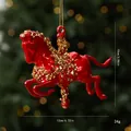 Sparkling red carousel horse Christmas tree ornament featuring gold sequin detail - Red