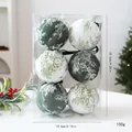 Set of 6 green and white fabric-wrapped Christmas ball ornaments in clear box packaging - 8cm 6 Pieces / Mixed Green Printed