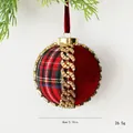 Red velvet and plaid Christmas ball ornament with rhinestone chain, 8cm diameter - Plaid Spliced Fantasy Diamond Chain Style / 8cm / Green Plaid