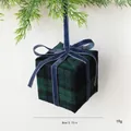Plaid Christmas tree gift box ornament with blue velvet ribbon, green and black, 8cm size - Gift Box Pendant Style / 8cm / Blue and Green Plaid