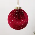 Elegant red velvet Christmas ball ornament decorated with silver dots and a gold cap - Polka Dot Style / 6cm / Burgundy