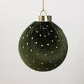 Elegant deep green velvet Christmas ball ornament with sparkling silver glitter dots - 6cm / Polka Dot Green
