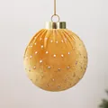 Ochre velvet Christmas ball ornament with silver dots and gold hanging string decor - 6cm / Polka Dot Ginger Yellow