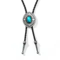 Vintage bolo tie met zilveren bloemenhanger en turkooissteen op zwart leren koord - Bloemblad