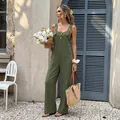 Elegant olive green wide-leg jumpsuit with textured fabric and stylish backless design - S / Dresses / Army Green