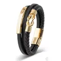 Men's multi-layer black braided leather bracelet with gold stainless steel knot - 21.5cm / Gold