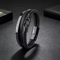 Professional SKU photo of a black multi-layer braided leather bracelet with steel plate - 21.5cm / Black